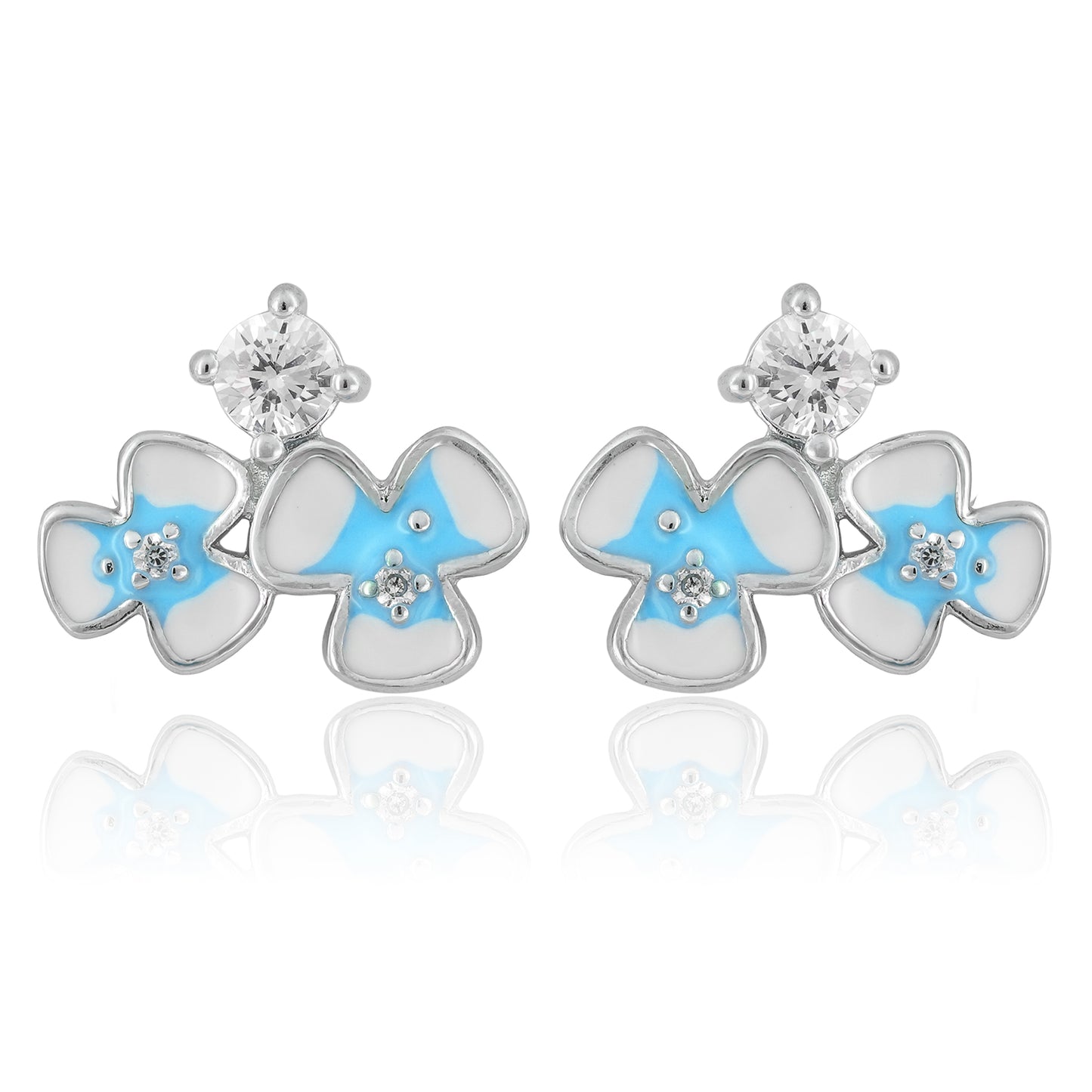   Silver-tone stud earrings with icy blue enamel petals and cubic zirconia center displayed on a minimal background.