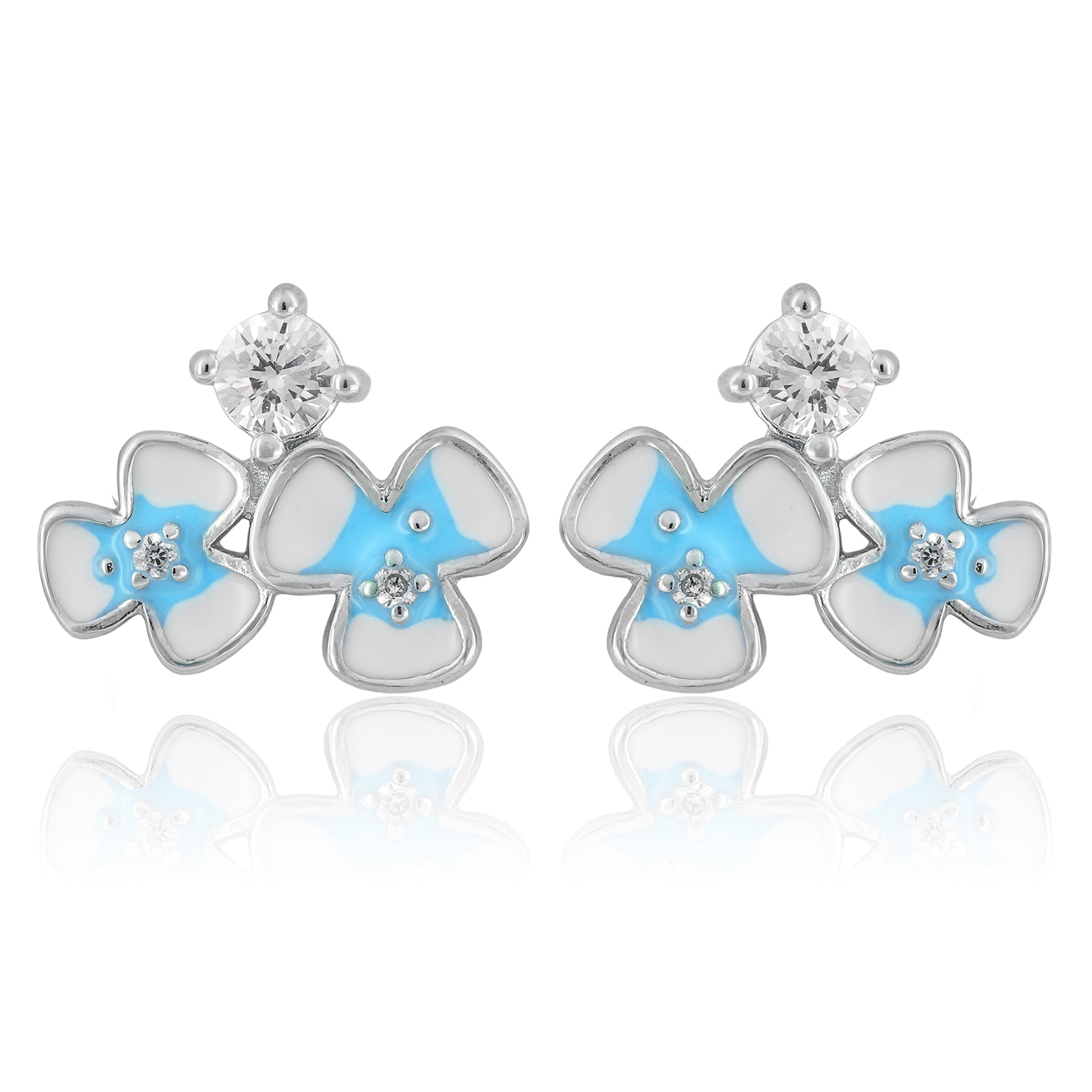   Silver-tone stud earrings with icy blue enamel petals and cubic zirconia center displayed on a minimal background.