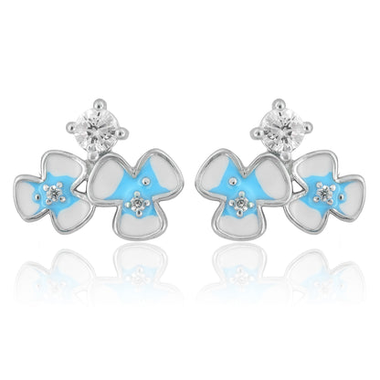   Silver-tone stud earrings with icy blue enamel petals and cubic zirconia center displayed on a minimal background.