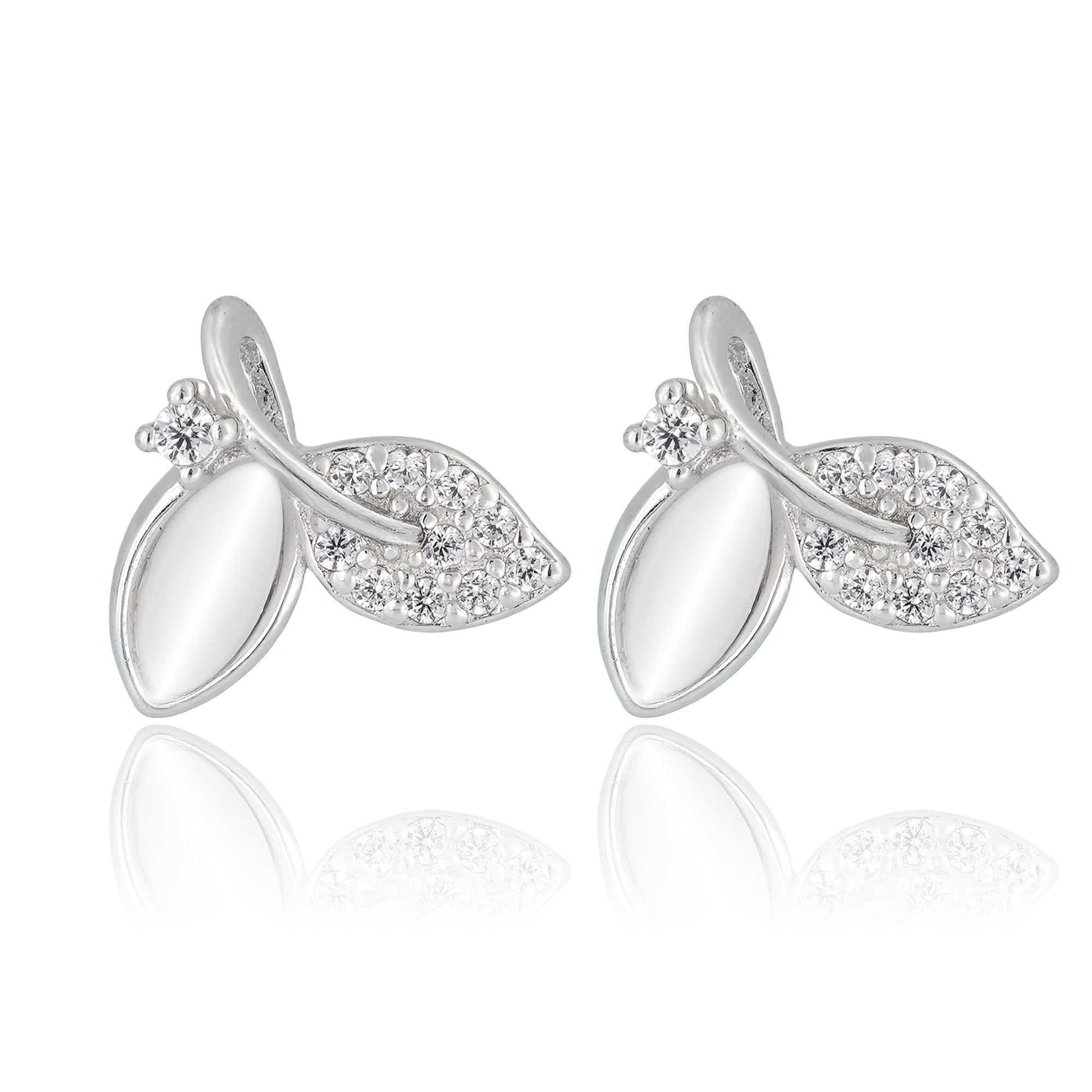 Close-up of Frostleaf Stud Earrings featuring a twin-leaf design with one polished silver leaf and one pavé-set crystal leaf.