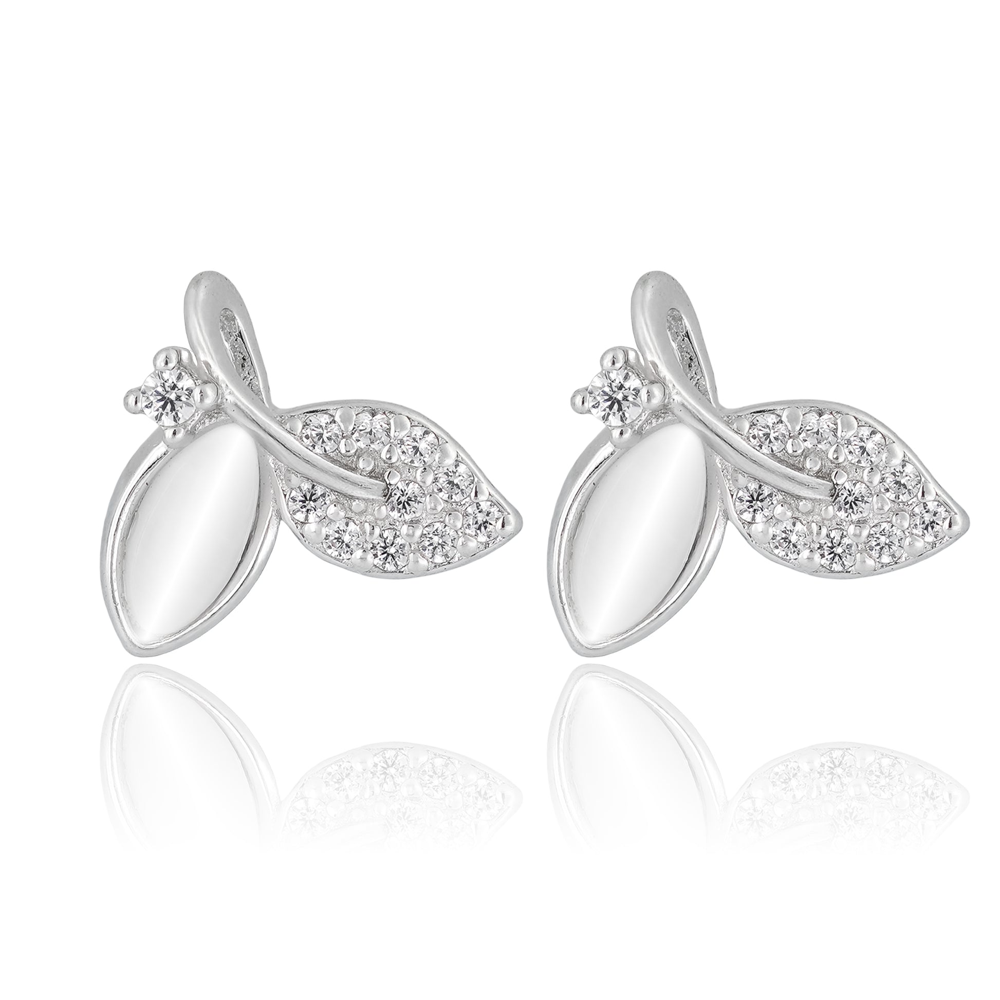 Close-up of Frostleaf Stud Earrings featuring a twin-leaf design with one polished silver leaf and one pavé-set crystal leaf.
