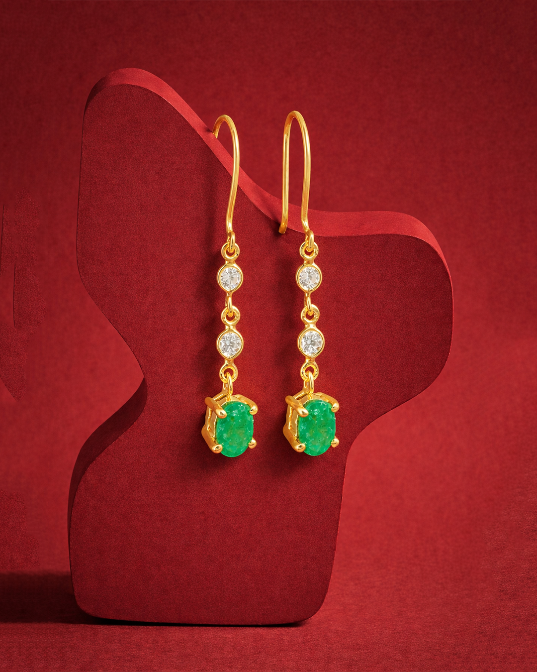 Emerald Drop Earrings with CZ Accents in 18K Gold-Plated 925 Silver