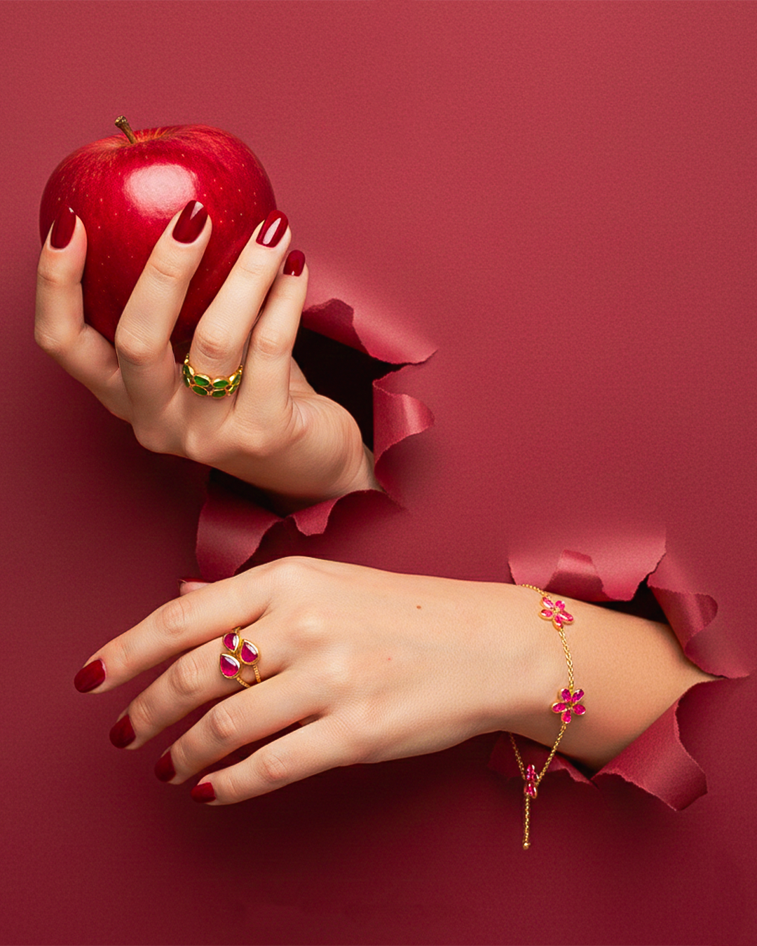 Three-Pear Ruby Adjustable Ring with CZ Accents in 18K Gold-Plated 925 Silver