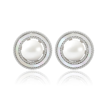 Sterling silver stud earrings with mother-of-pearl accents and central pearl cabochon, displayed on a clean background.