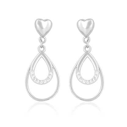 Close-up of Heart & Halo Drop Earrings in 925 sterling silver with cubic zirconia crystals and teardrop frame design.