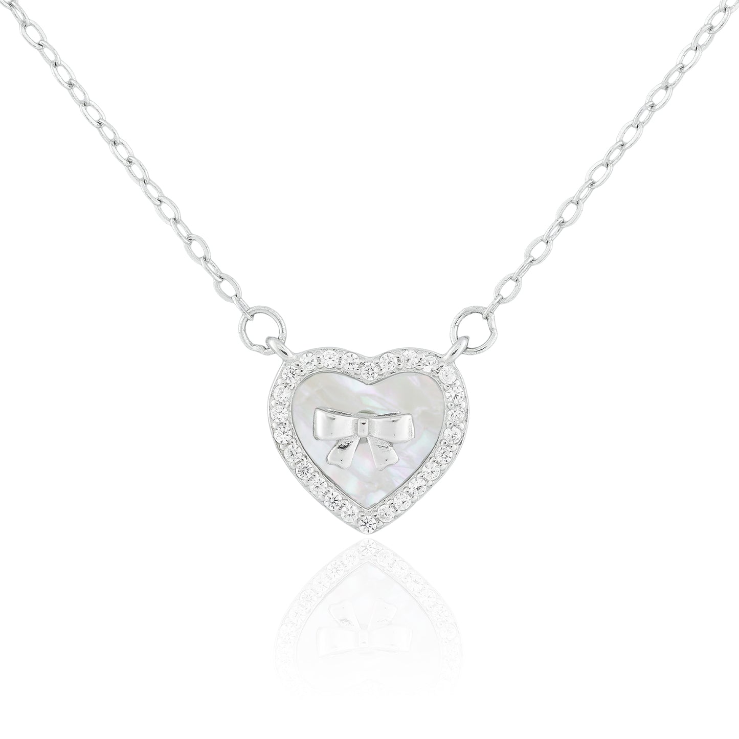 Close-up of the Heart of Grace Necklace featuring a mother-of-pearl heart pendant framed with a crystal halo and delicate silver bow.