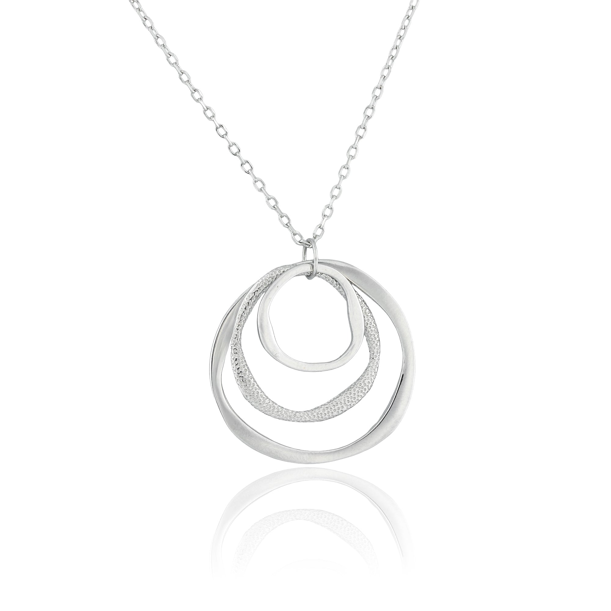 Close‑up of the Infinity Ripple Pendant Necklace handcrafted in 925 sterling silver, featuring three textured interlocking rings on a sleek silver chain.