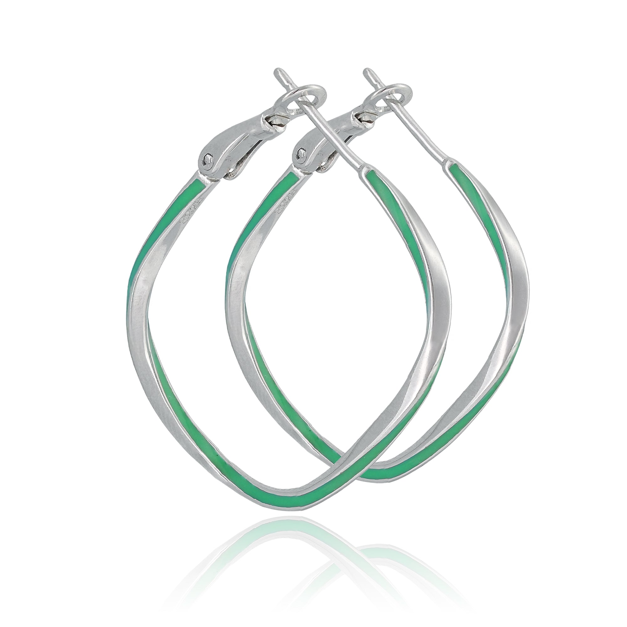 Polished silver hoop earrings with a sculptural twist and lagoon green enamel accent, displayed on a clean background.

