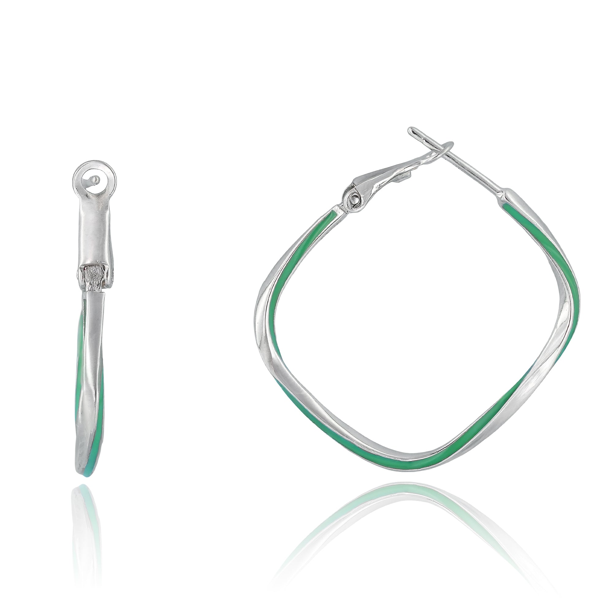 Polished silver hoop earrings with a sculptural twist and lagoon green enamel accent, displayed on a clean background.

