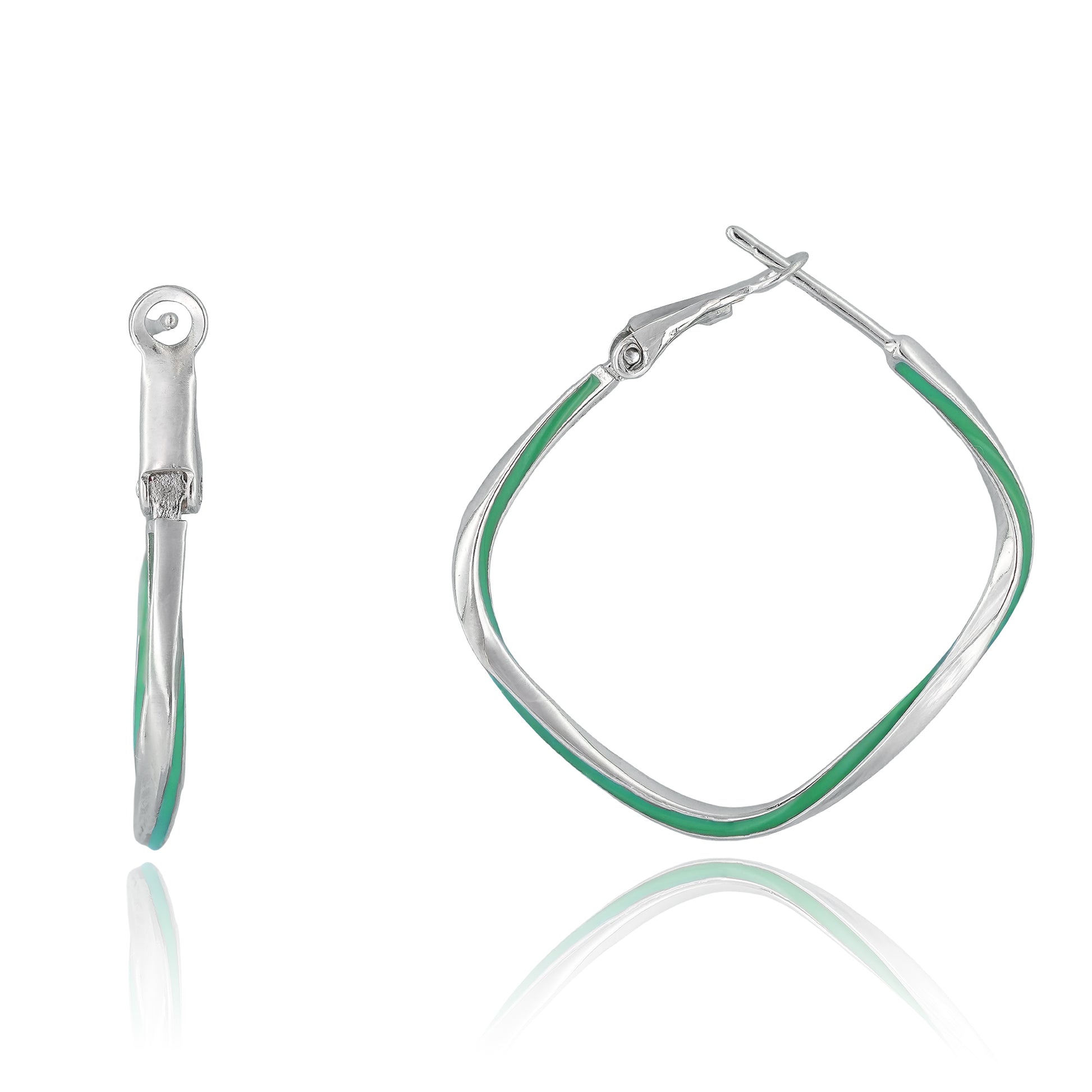 Polished silver hoop earrings with a sculptural twist and lagoon green enamel accent, displayed on a clean background.

