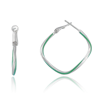 Polished silver hoop earrings with a sculptural twist and lagoon green enamel accent, displayed on a clean background.

