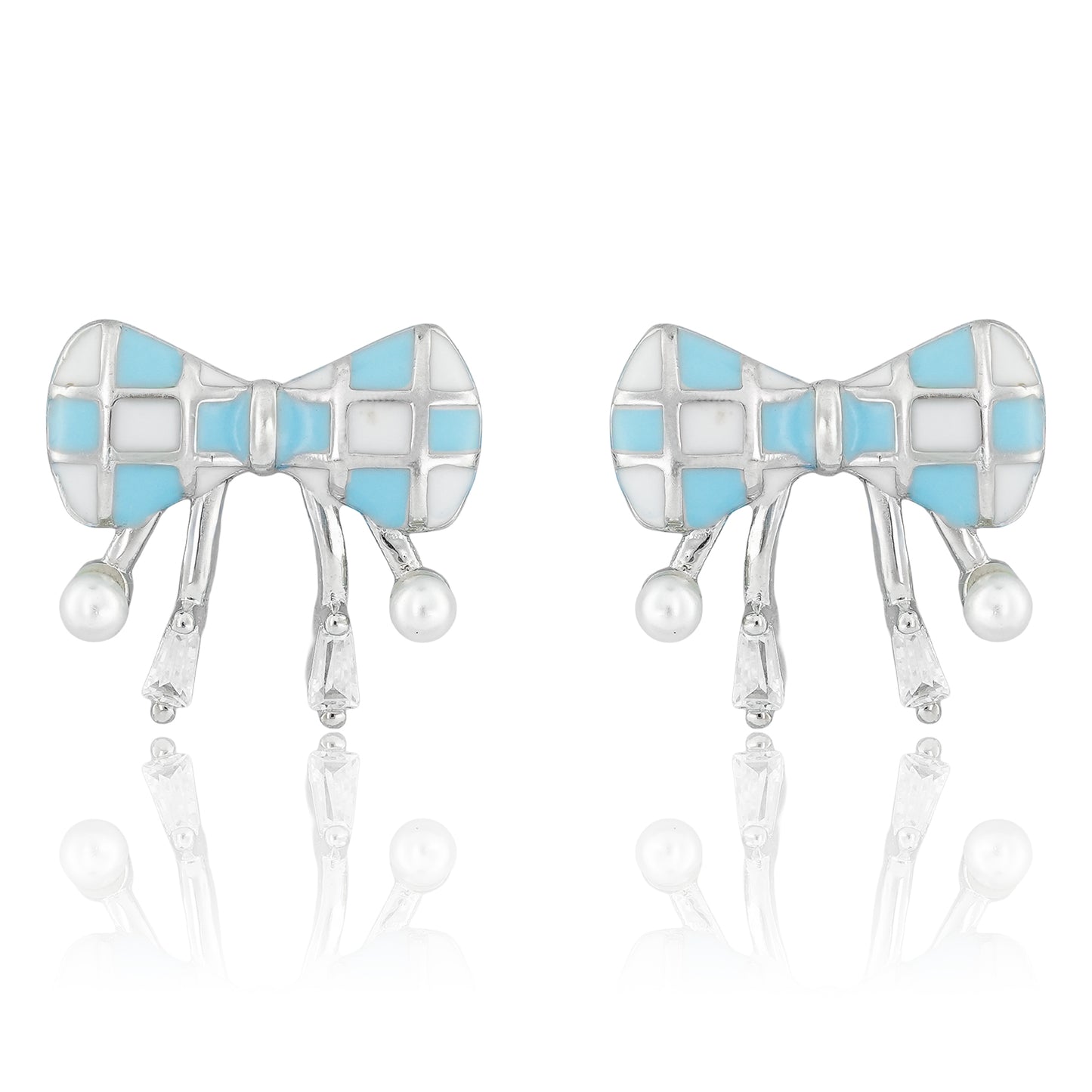 Bow-shaped lilac plaid enamel earrings with dangling chains and pearls displayed on a soft background.