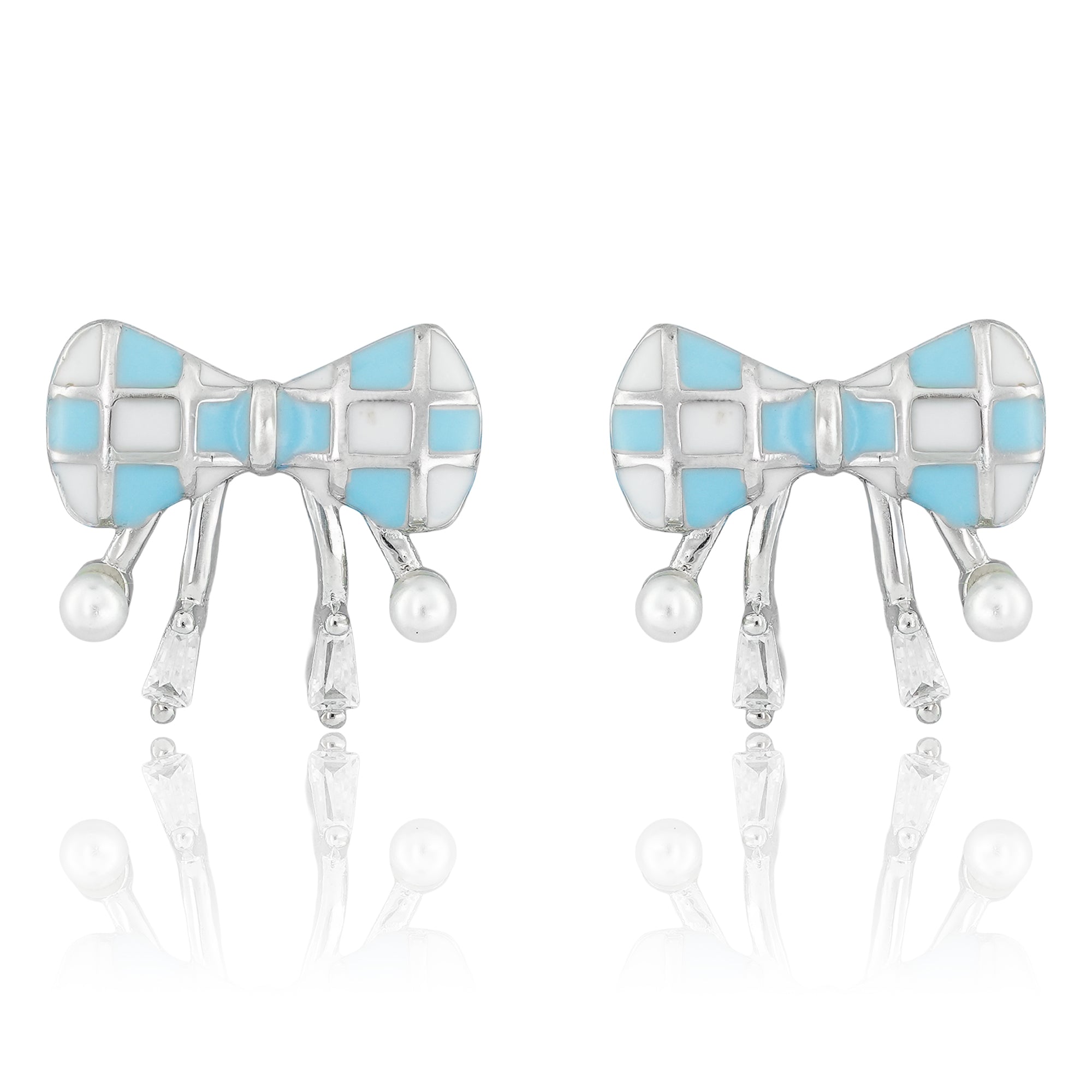 Bow-shaped lilac plaid enamel earrings with dangling chains and pearls displayed on a soft background.