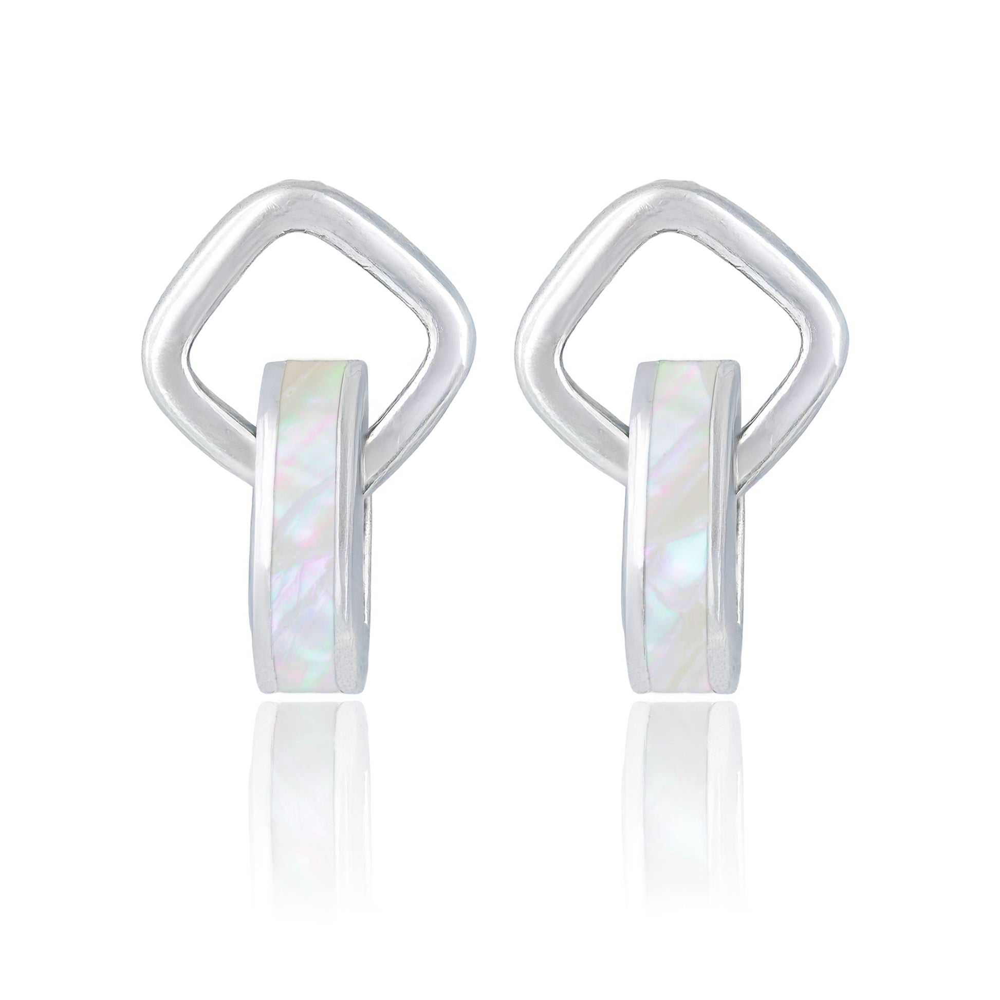 Sterling silver earrings with diamond link and mother-of-pearl inlay hoop, displayed on a clean background.

