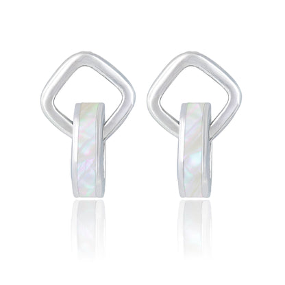 Sterling silver earrings with diamond link and mother-of-pearl inlay hoop, displayed on a clean background.

