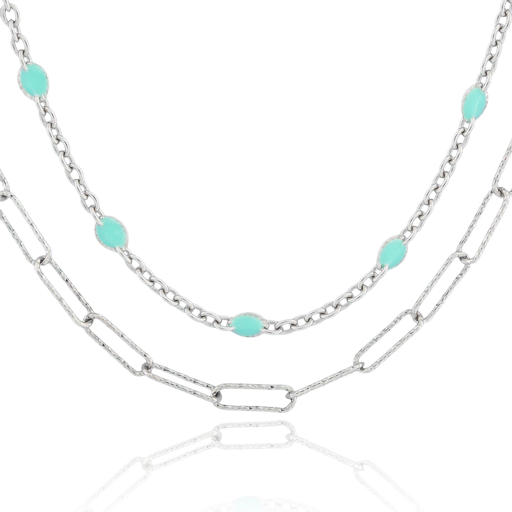 Close-up of the Meadow Mist Silver Chain featuring mint-green beaded accents on a fine chain and elongated silver links.

