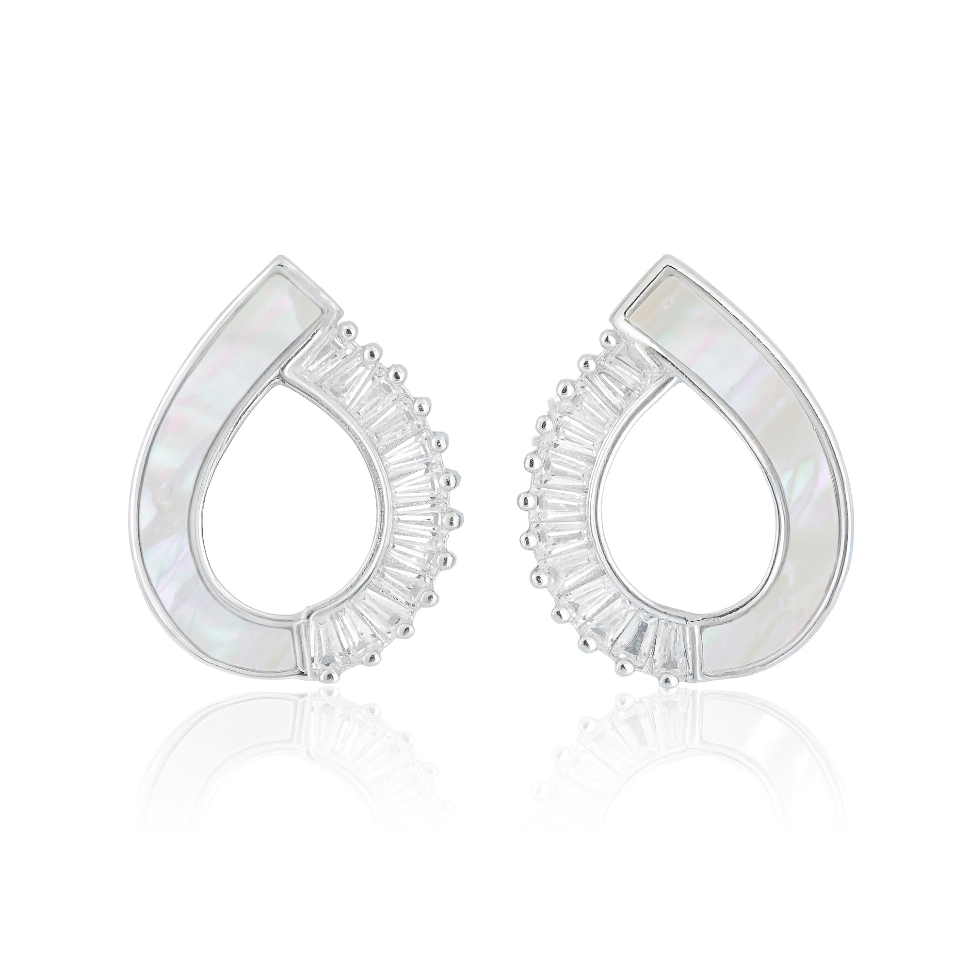 Elegant teardrop earrings with mother-of-pearl inlay and baguette-cut CZ border in a silver-tone setting.