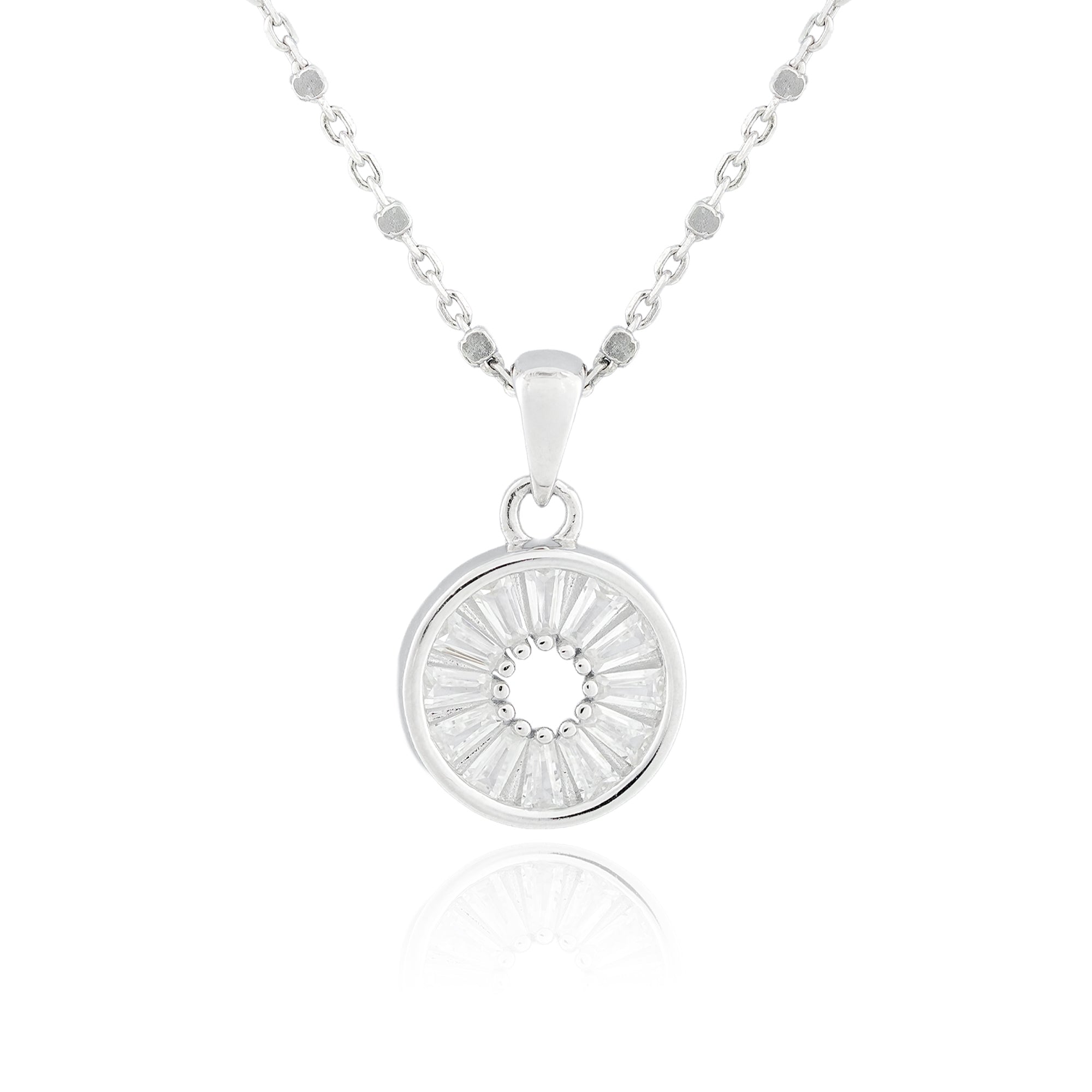 Close-up of the Moonveil Circle Pendant in sterling silver with a baguette-cut cubic zirconia sunburst design on a fine chain.
