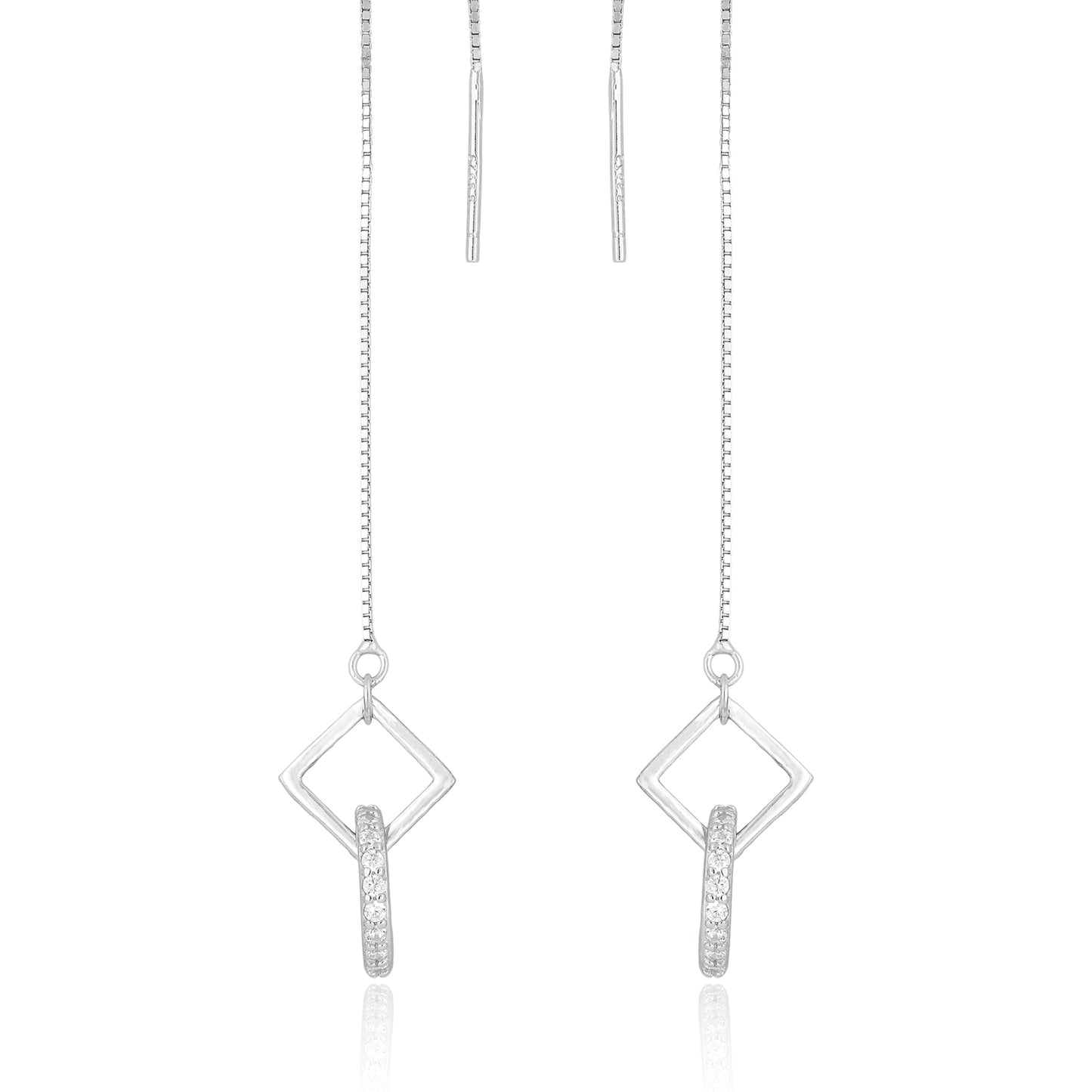 Front view of Nova threader earrings featuring a diamond-shaped frame with pavé-set cubic zirconia accents in sterling silver.