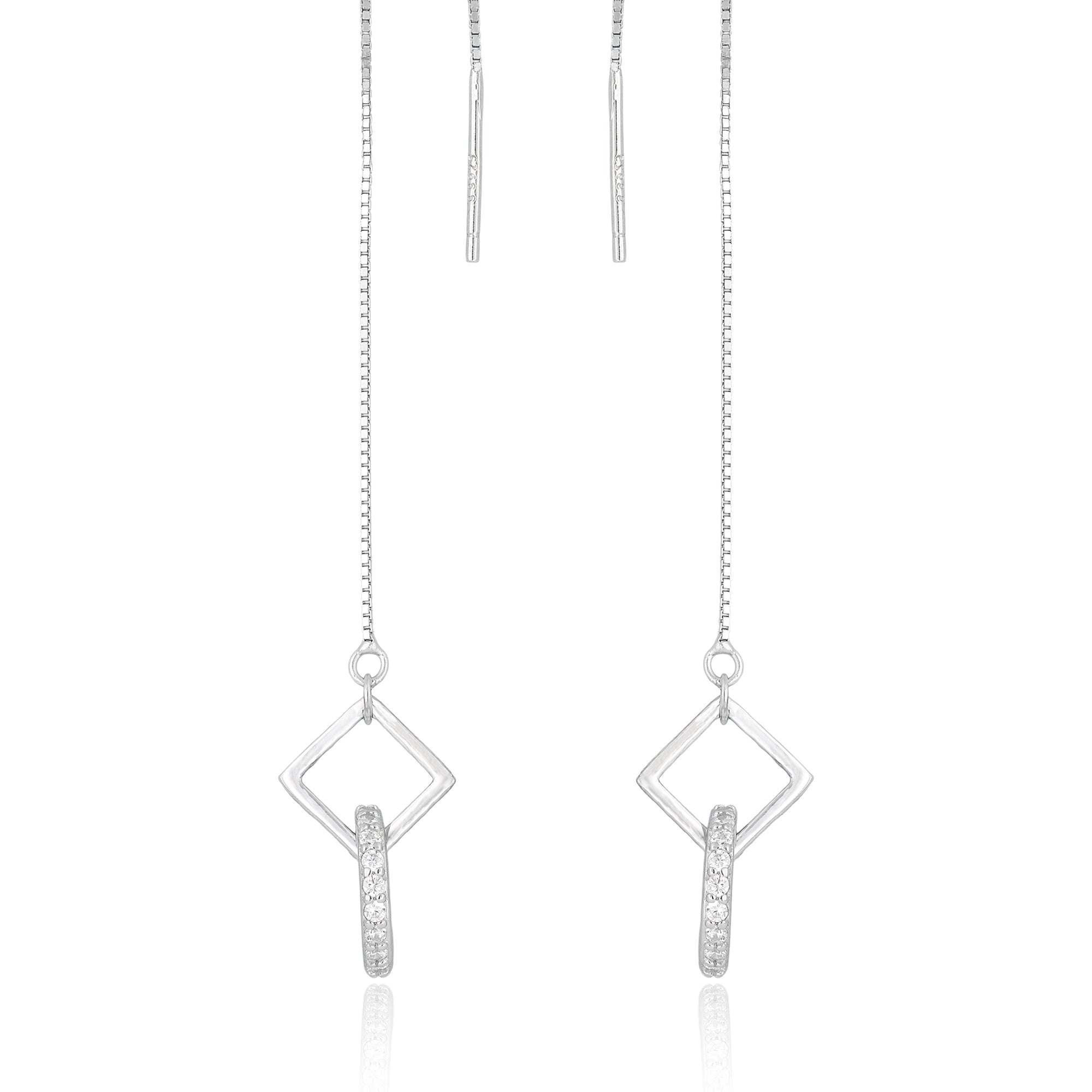 Front view of Nova threader earrings featuring a diamond-shaped frame with pavé-set cubic zirconia accents in sterling silver.