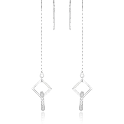 Front view of Nova threader earrings featuring a diamond-shaped frame with pavé-set cubic zirconia accents in sterling silver.