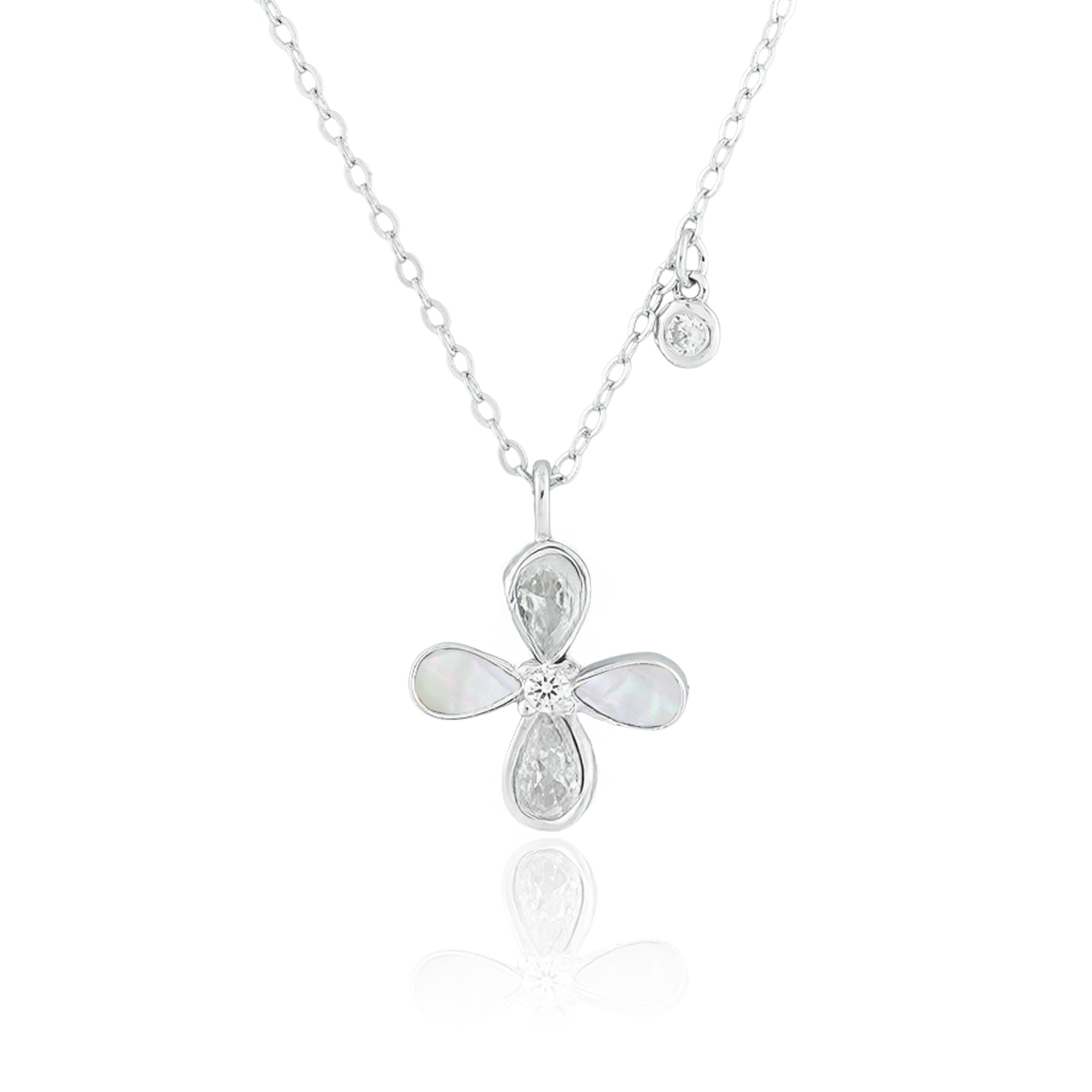 Close-up of the Petal Mist Pendant Necklace featuring a sterling silver four-petal flower pendant with mother-of-pearl inlays and a central crystal.