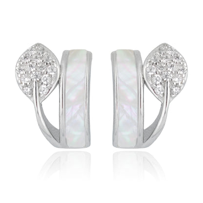 Front view of sterling silver huggie earrings with mother-of-pearl inlay and cubic zirconia leaf detailing on a clean background.