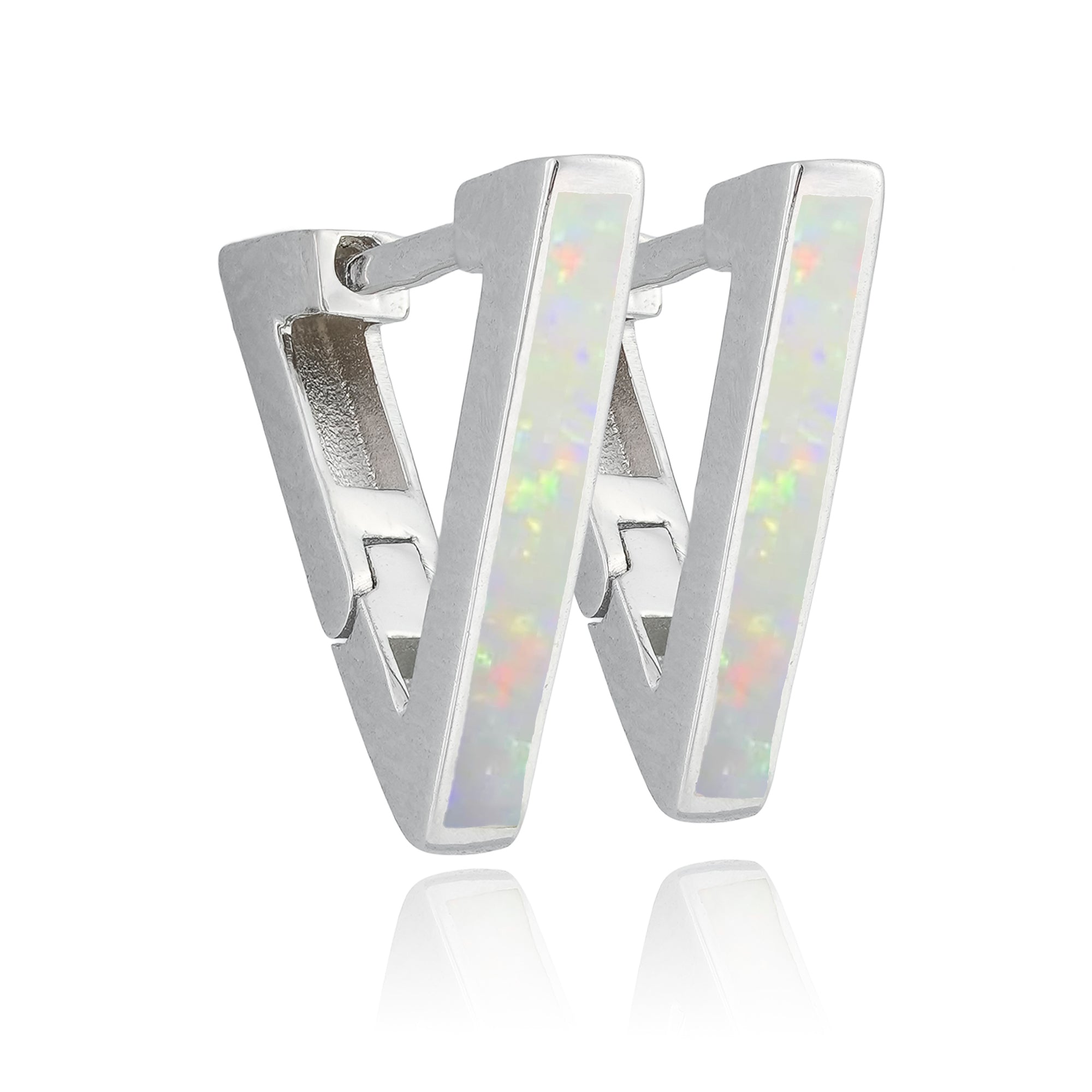 Close-up of Prism Arc Hoops featuring a silver V-shape with holographic iridescent inlay.