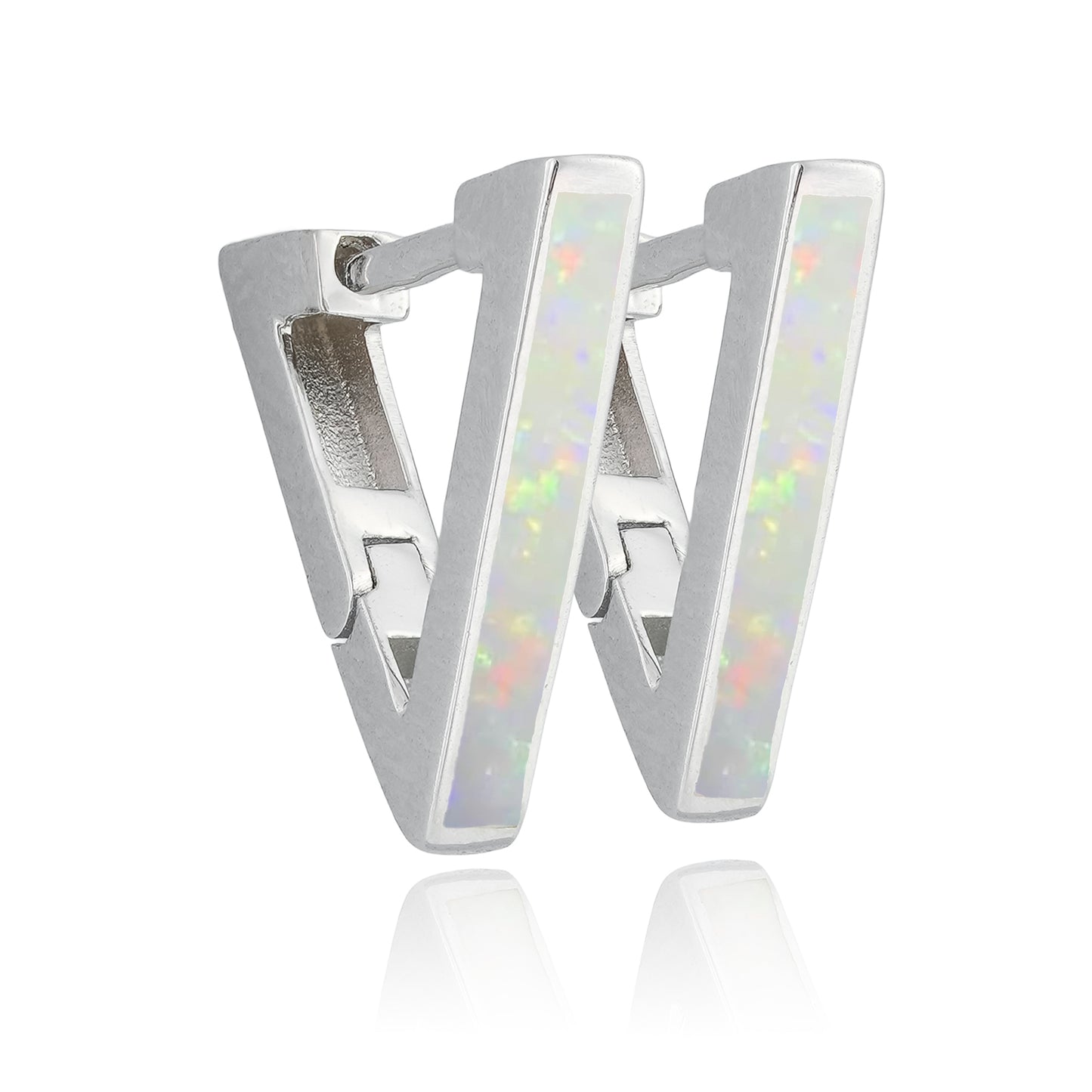 Close-up of Prism Arc Hoops featuring a silver V-shape with holographic iridescent inlay.