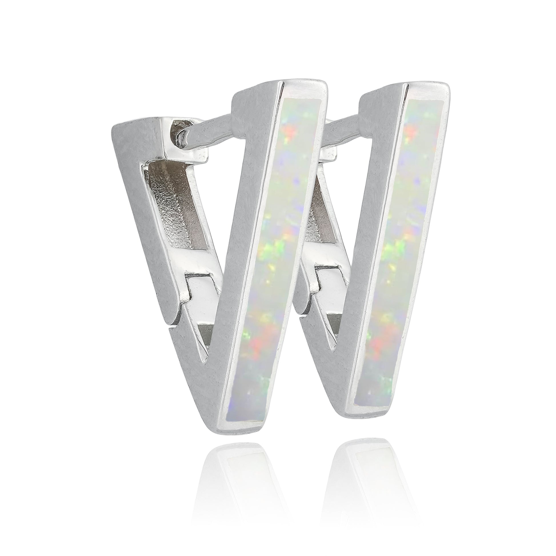Close-up of Prism Arc Hoops featuring a silver V-shape with holographic iridescent inlay.