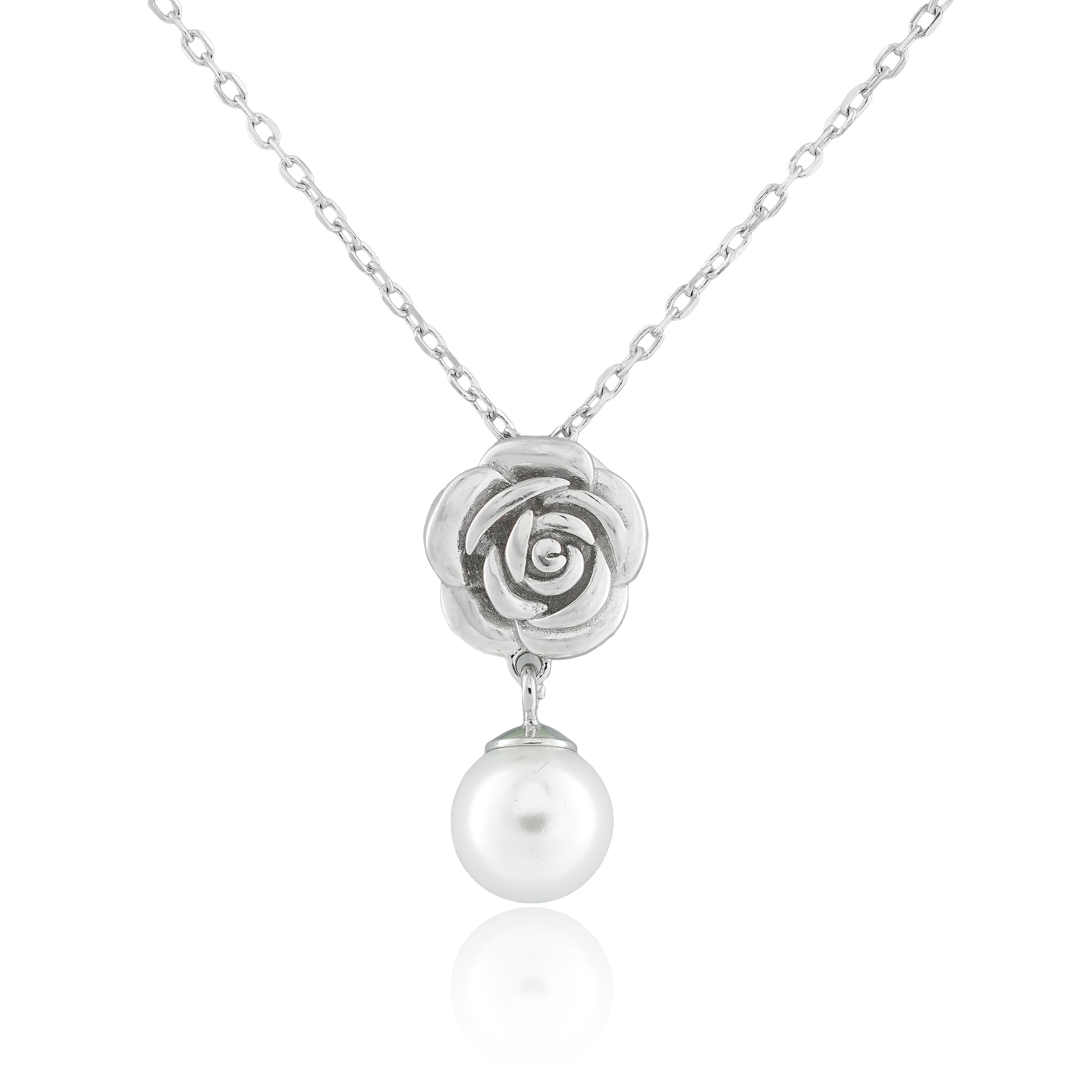 Sterling silver Rose Pearl Necklace with a detailed sculpted rose pendant and faux pearl drop.