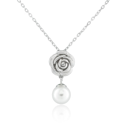 Sterling silver Rose Pearl Necklace with a detailed sculpted rose pendant and faux pearl drop.