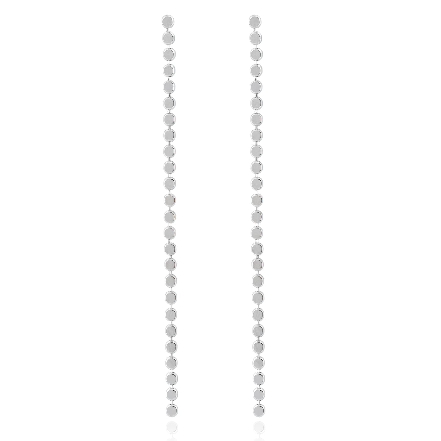 Close-up of Silver Cascade Earrings featuring a vertical line of polished circular discs with a high-shine finish