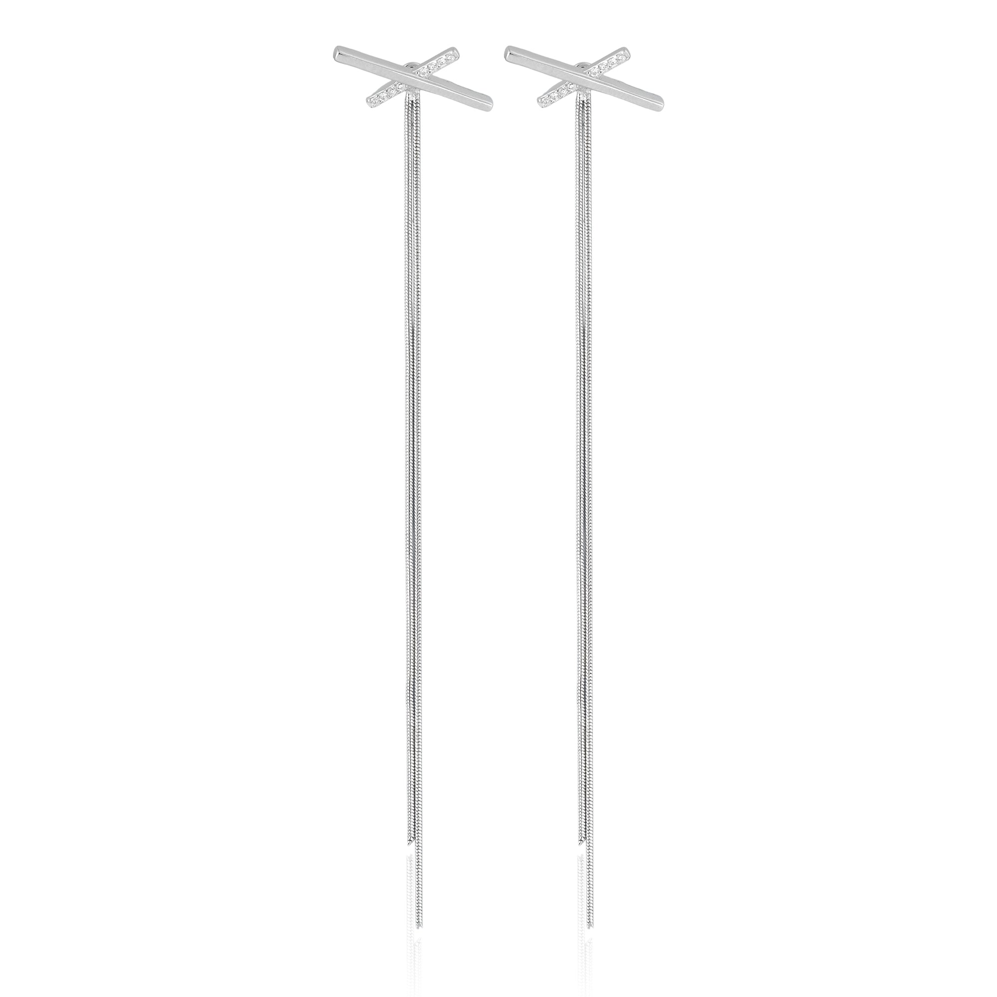 Close-up of Skyline Threader Earrings featuring a criss-cross bar with micro-crystals and long cascading box chain threads in polished sterling silver.