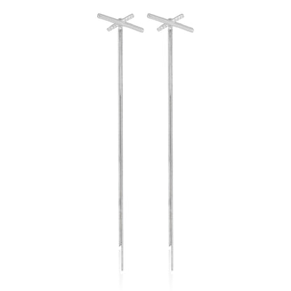 Close-up of Skyline Threader Earrings featuring a criss-cross bar with micro-crystals and long cascading box chain threads in polished sterling silver.