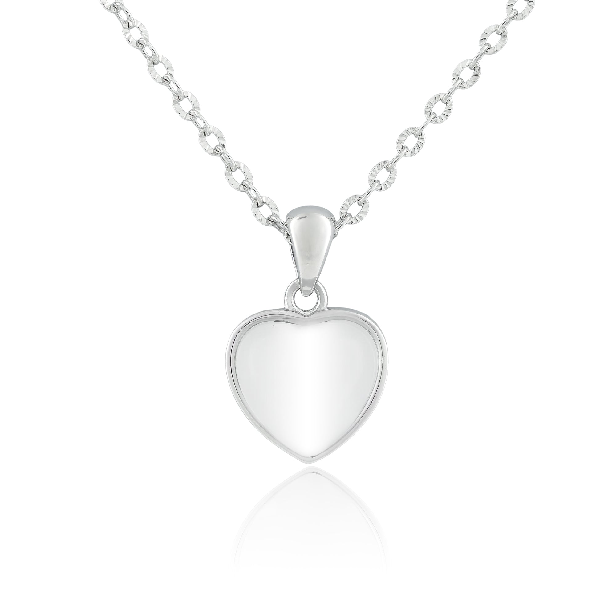 Close-up of the Solene Classic Heart Necklace, featuring a smooth high-polish heart pendant on a textured sterling silver chain.