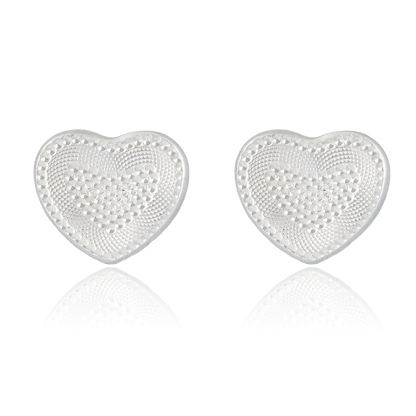  Close-up view of sterling silver heart-shaped stud earrings with a lace-inspired textured surface, handcrafted for elegance.