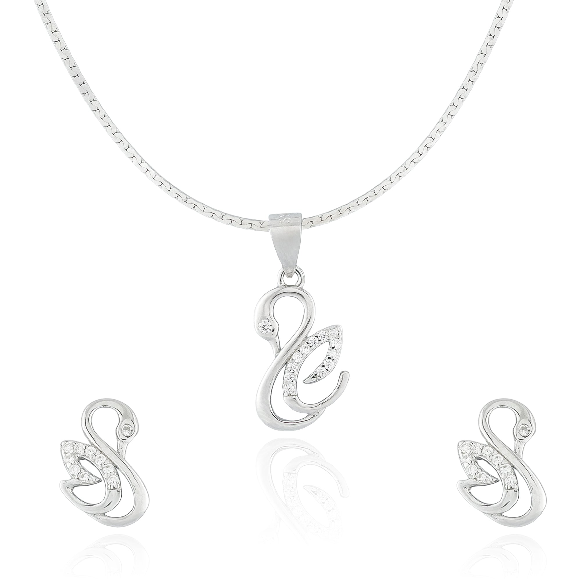 Close-up of the Swan Whisper Necklace featuring a gracefully curved swan motif with shimmering cubic zirconia accents, crafted in polished 925 sterling silver.