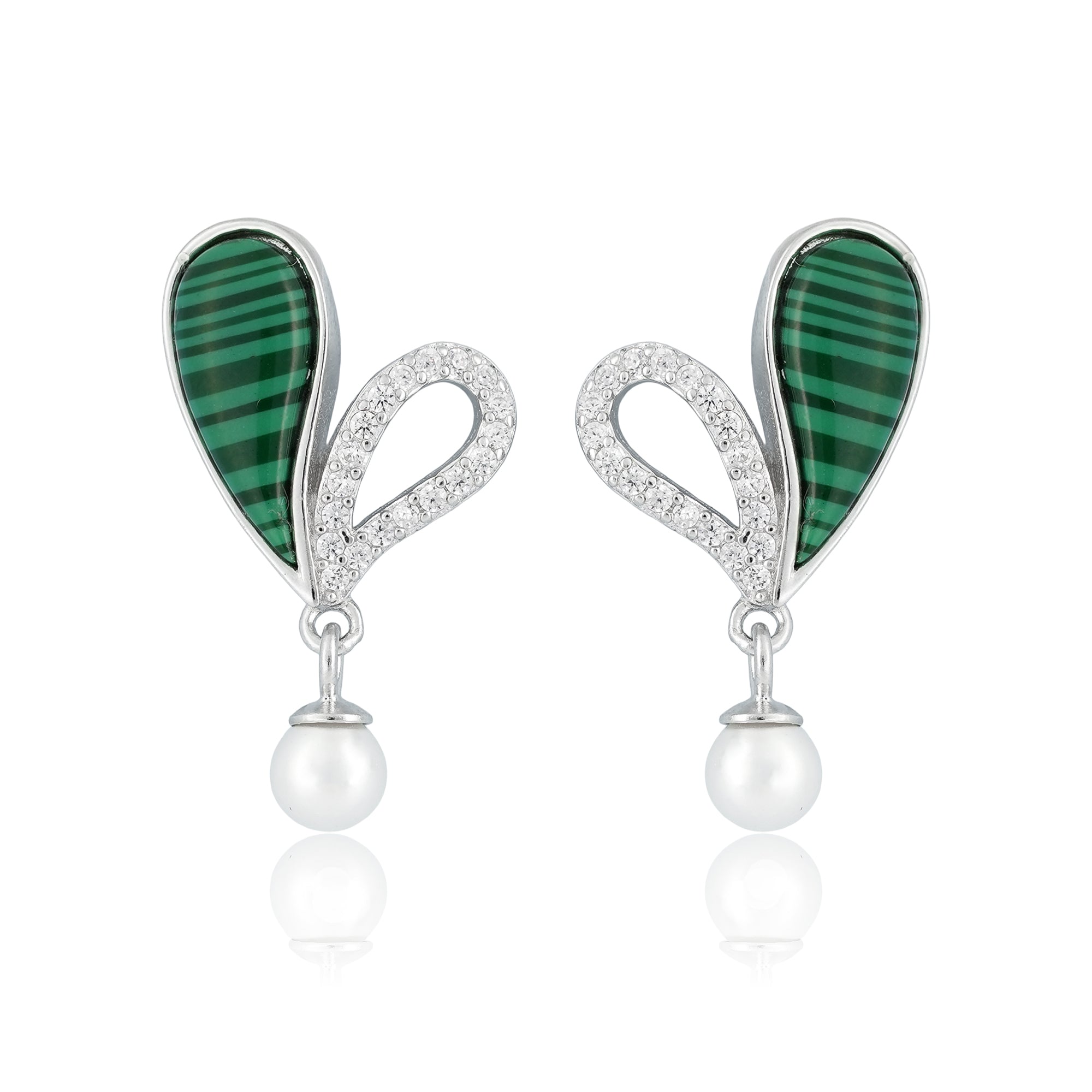  Teardrop malachite earrings with pearl drop and cubic accents in silver, displayed on a minimal background.