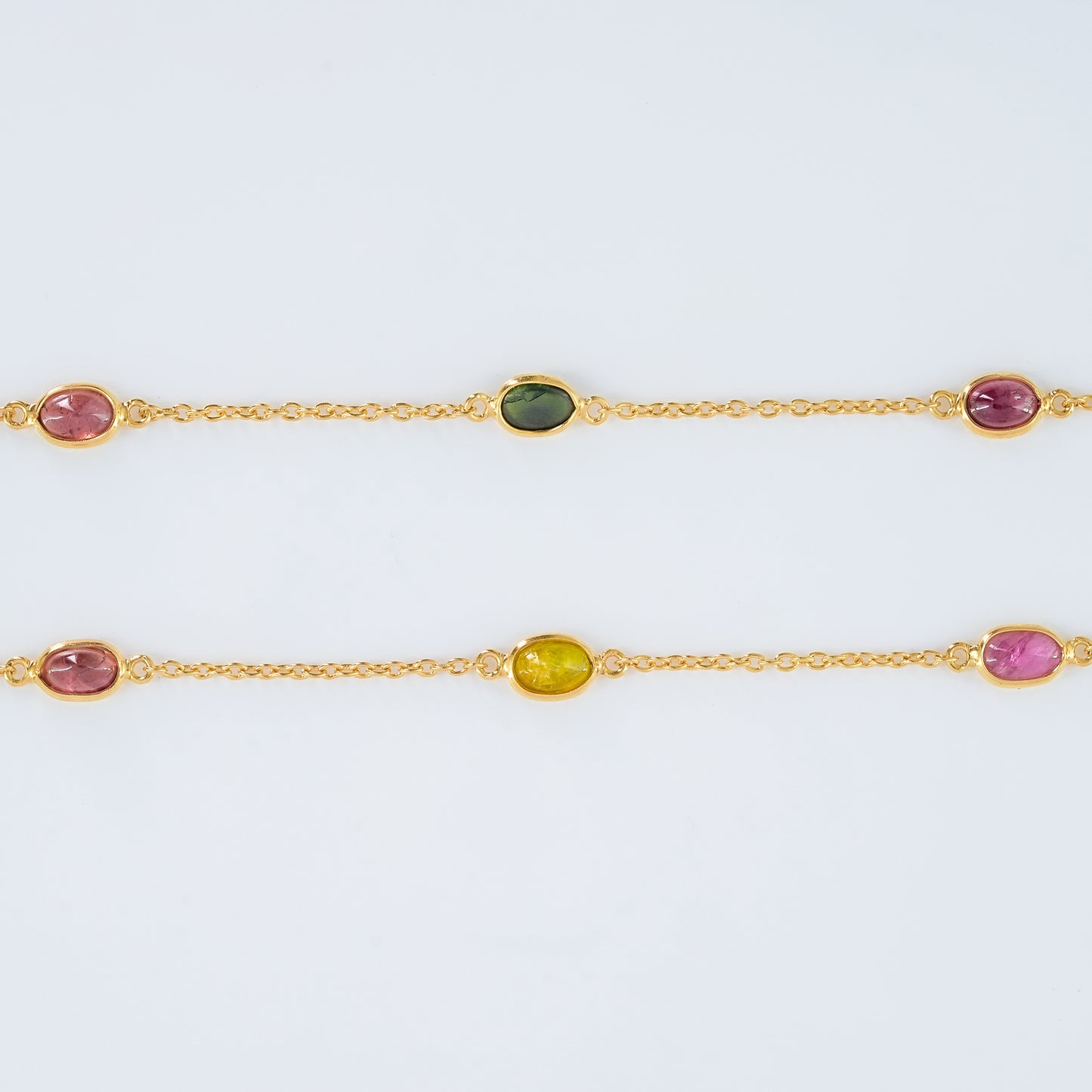The Tourmaline Spectrum Chain - Pink Rubellite Olive Verdelite Cabochon 18kt Gold Plated Sterling Silver