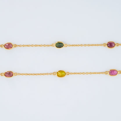 The Tourmaline Spectrum Chain - Pink Rubellite Olive Verdelite Cabochon 18kt Gold Plated Sterling Silver