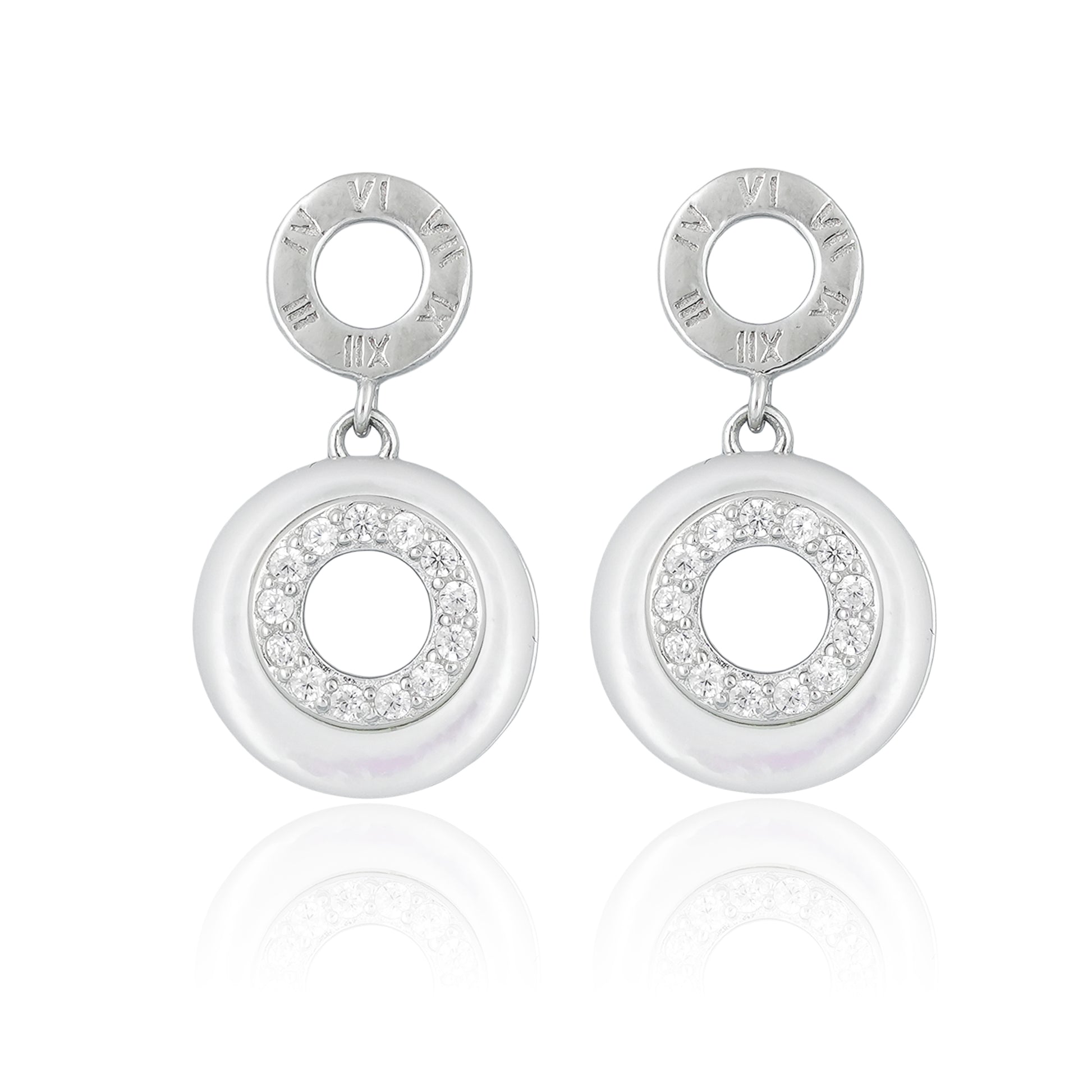Front view of sterling silver drop earrings featuring Roman numeral engraving, cubic zirconia accents, and mother-of-pearl detailing.