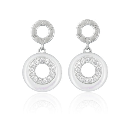 Front view of sterling silver drop earrings featuring Roman numeral engraving, cubic zirconia accents, and mother-of-pearl detailing.