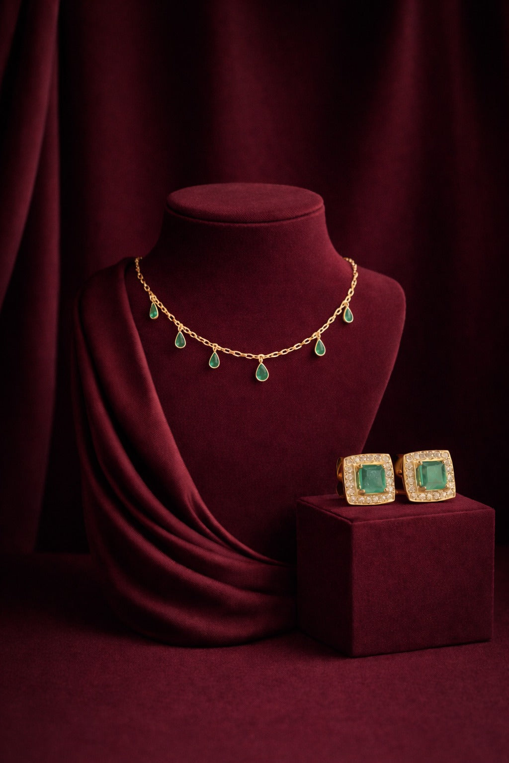 Square Emerald Stud Earrings with CZ Halo in 18K Gold-Plated 925 Silver