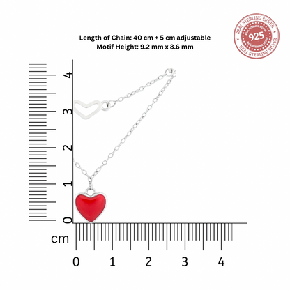 Size reference chart showing chain length and pendant dimensions for the hearts in harmony Necklace in sterling silver.
