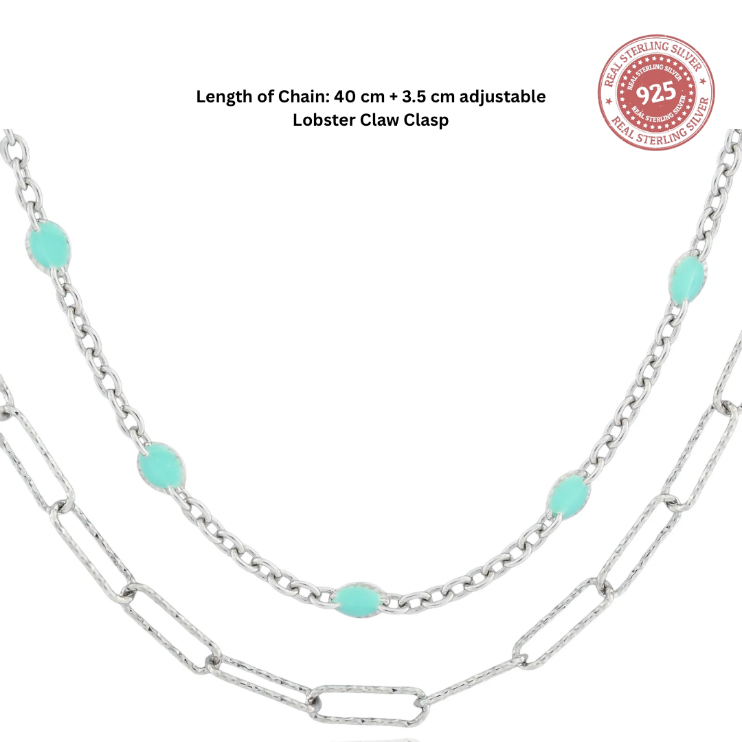 Size reference chart showing chain length for the meadow mist silver chain in sterling silver.