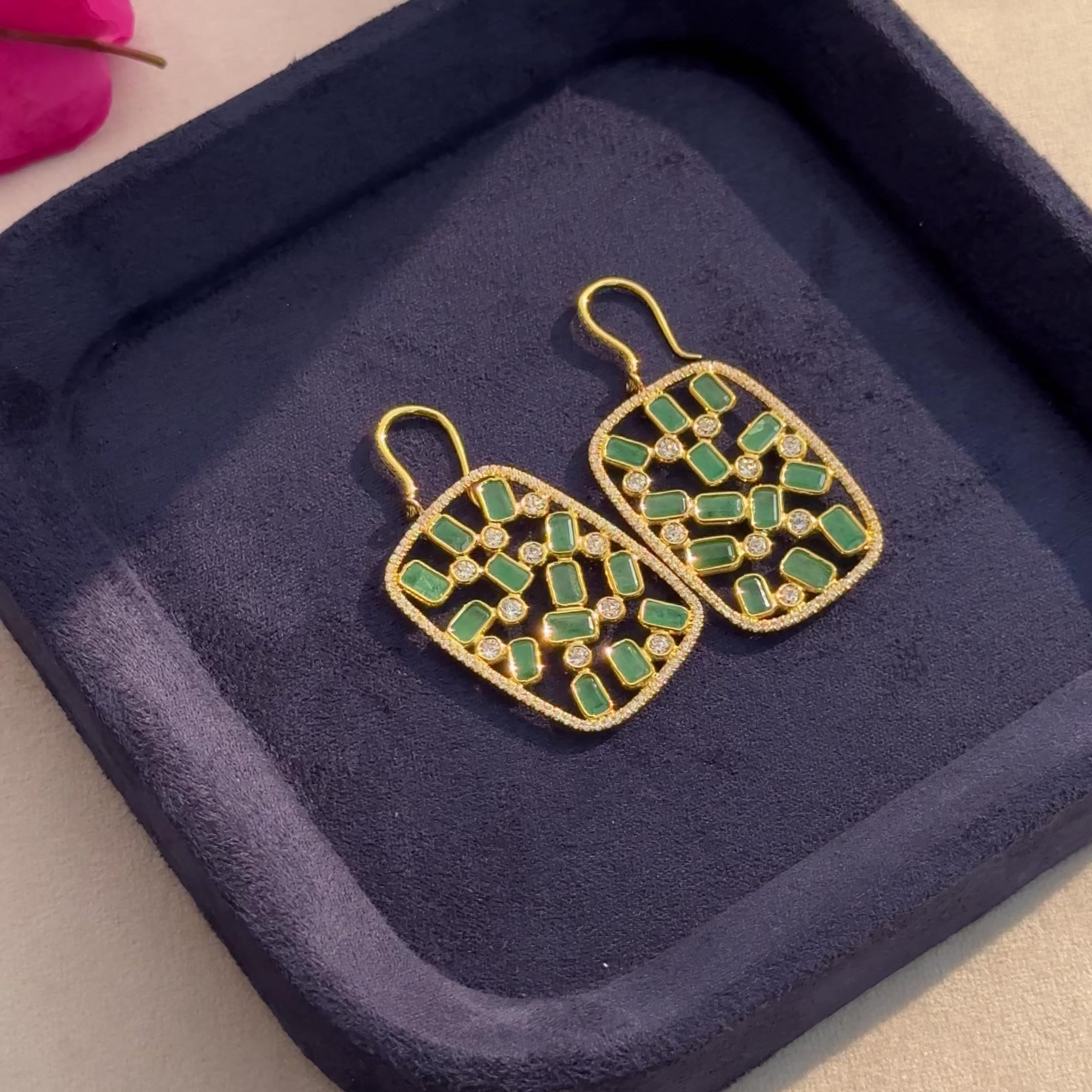 Natural Emerald Mosaic Drops in sterling silver, 18kt gold plated