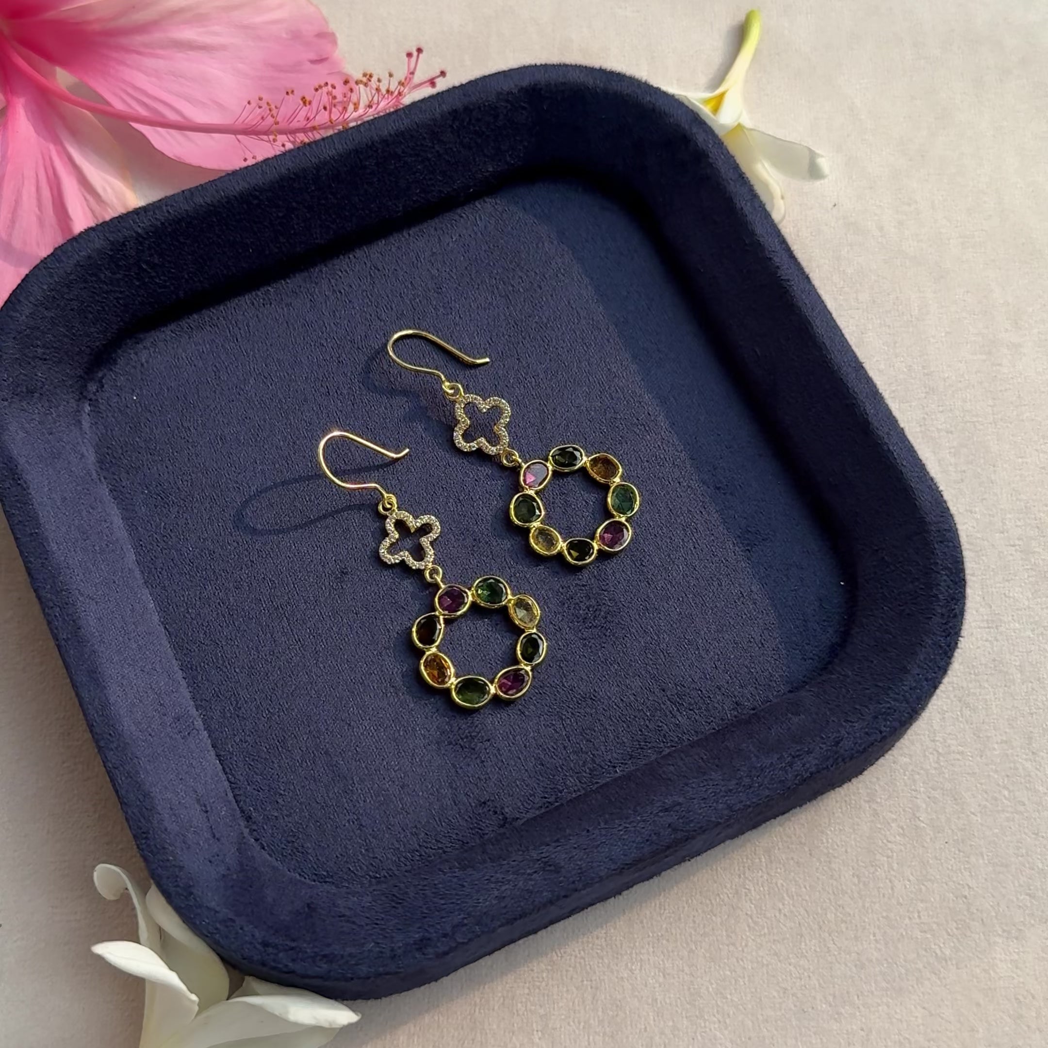 Multicolour Tourmaline Clover Drop Earrings with CZ in 18K Gold-Plated 925 Silver