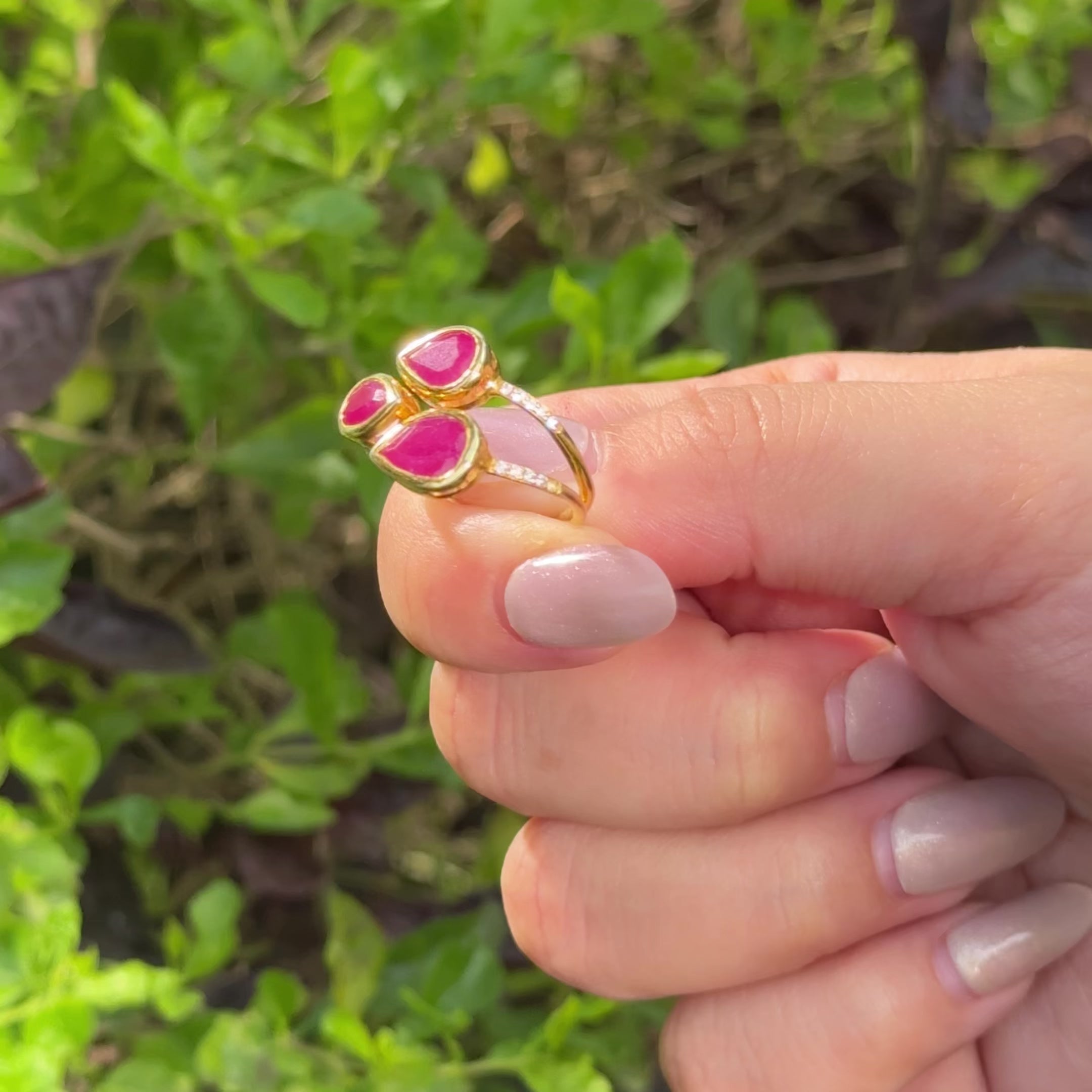 IHA Fine Jewellery Ruby Adjustable Ring Three Pear Cut Rubies CZ Accents Collection Shop