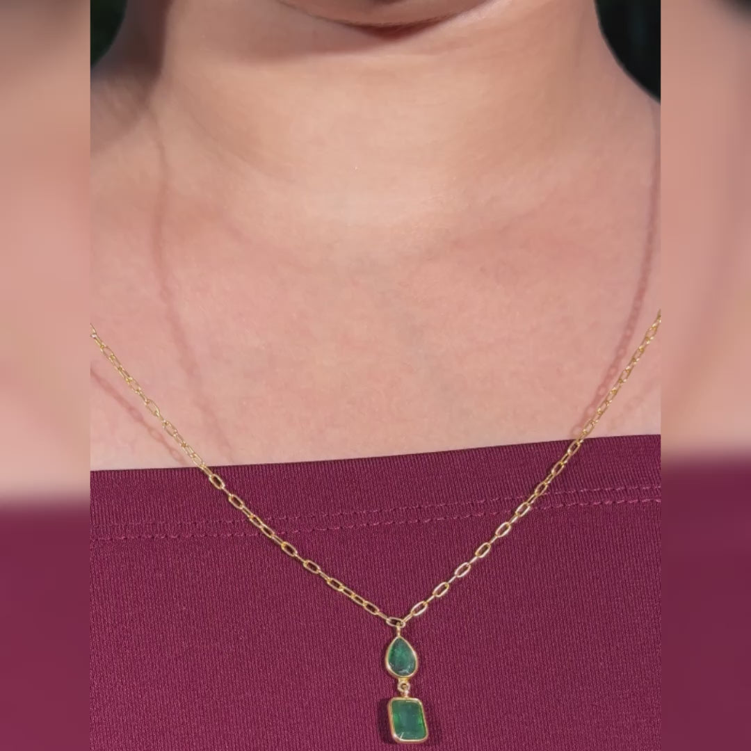 Dual Emerald Pendant Necklace in 18K Gold-Plated 925 Silver